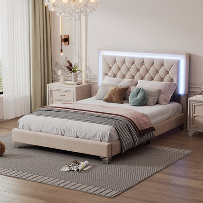 Upholstered Bed Frame with LED Lights, Beige