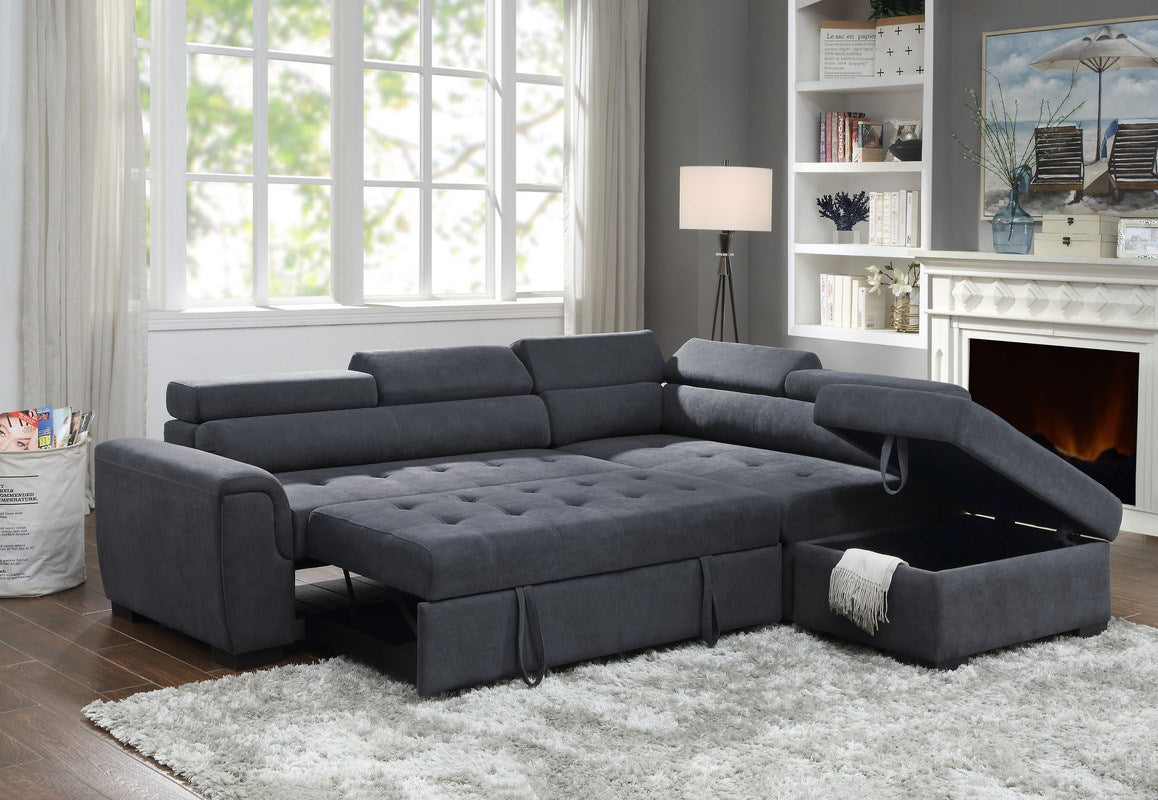 haris  dark gray fabric sleeper sectional with adjustable headrest and storage ottoman