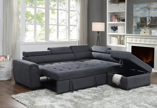 Haris  Dark Gray Fabric Sleeper Sectional with Adjustable Headrest and Storage Ottoman