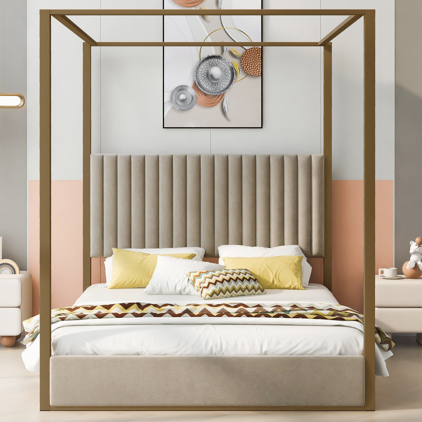 queen size upholstery canopy platform bed with headboard and metal frame, beige