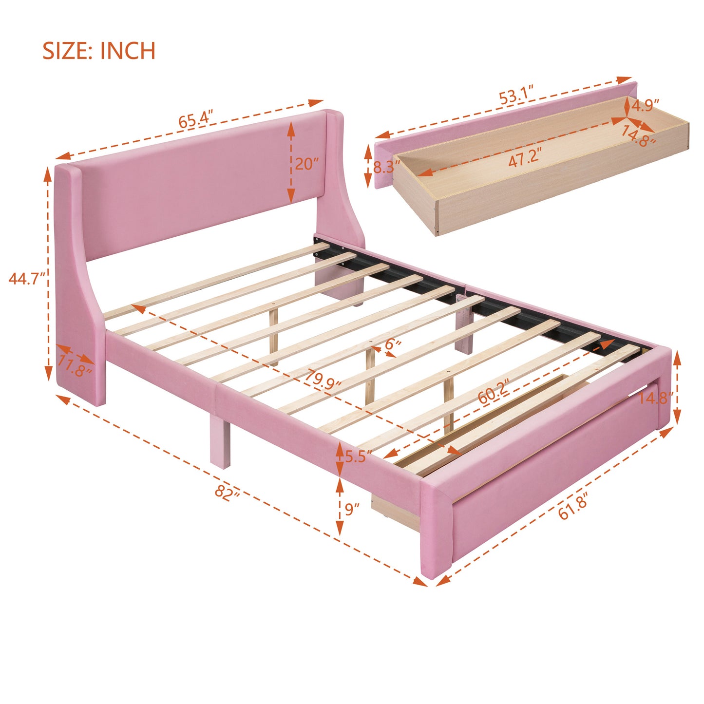 velvet upholstered storage bed with a big drawer - pink