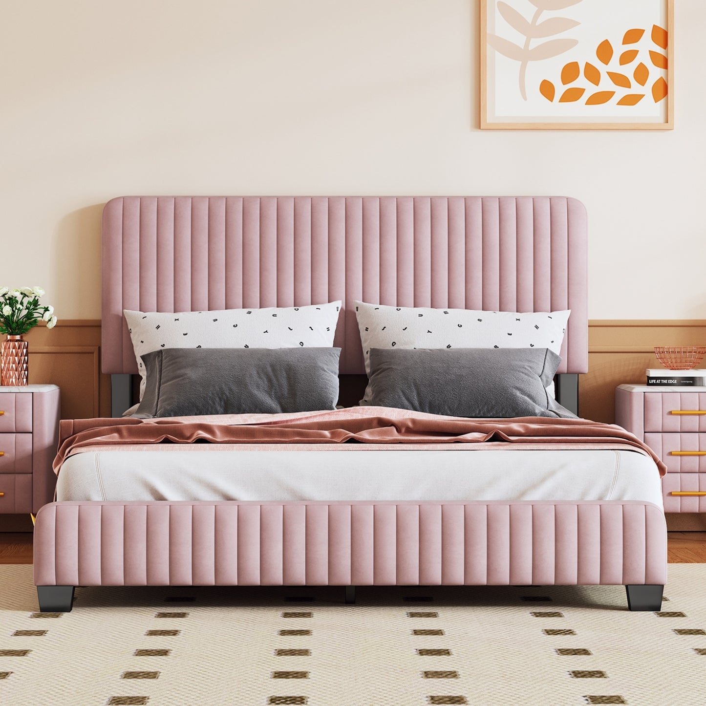 queen size upholstered platform bed,pink