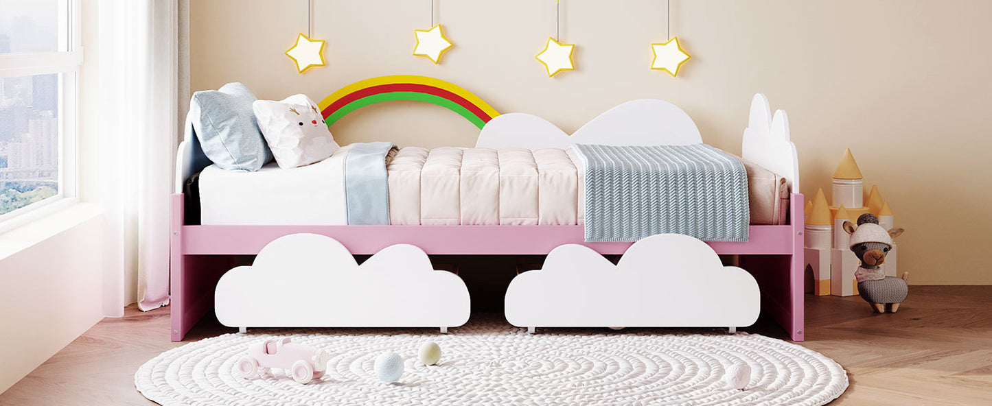 twin size bed with clouds and rainbow decor