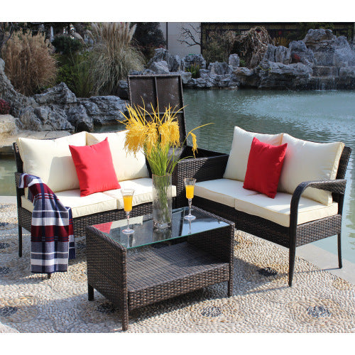 4 Piece Wicker Rattan Sofa Set with Storage Box Brown