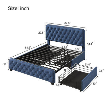 Sara Upholstered Platform Bed Frame with Four Drawers, Blue