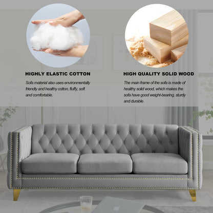 Velvet Sofa Tufted Square Arm Couch, Grey Velvet