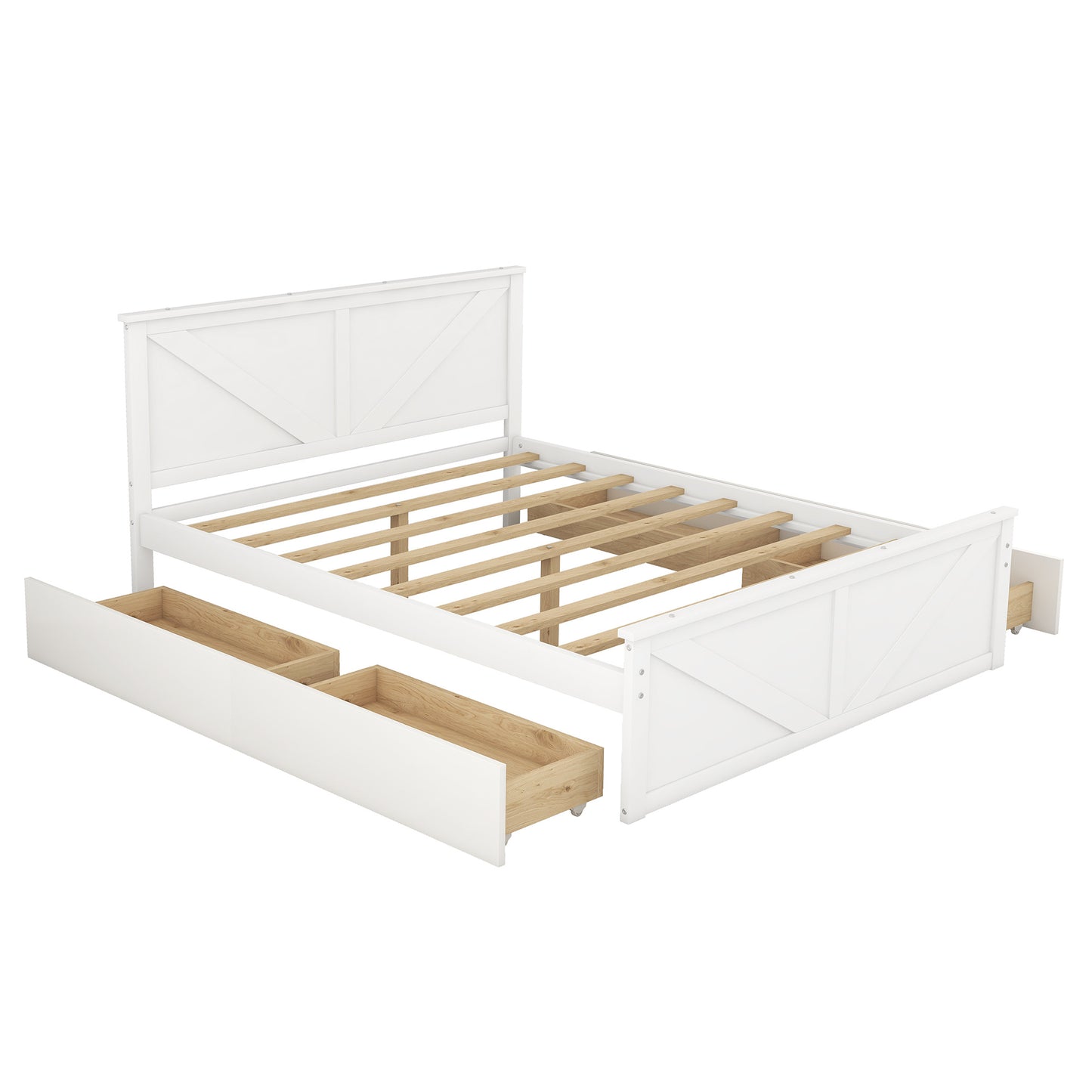 country wooden platform bed with four storage drawers