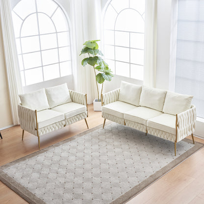 2 Pieces Velvet Sofa Couch Set, Cream White Velvet