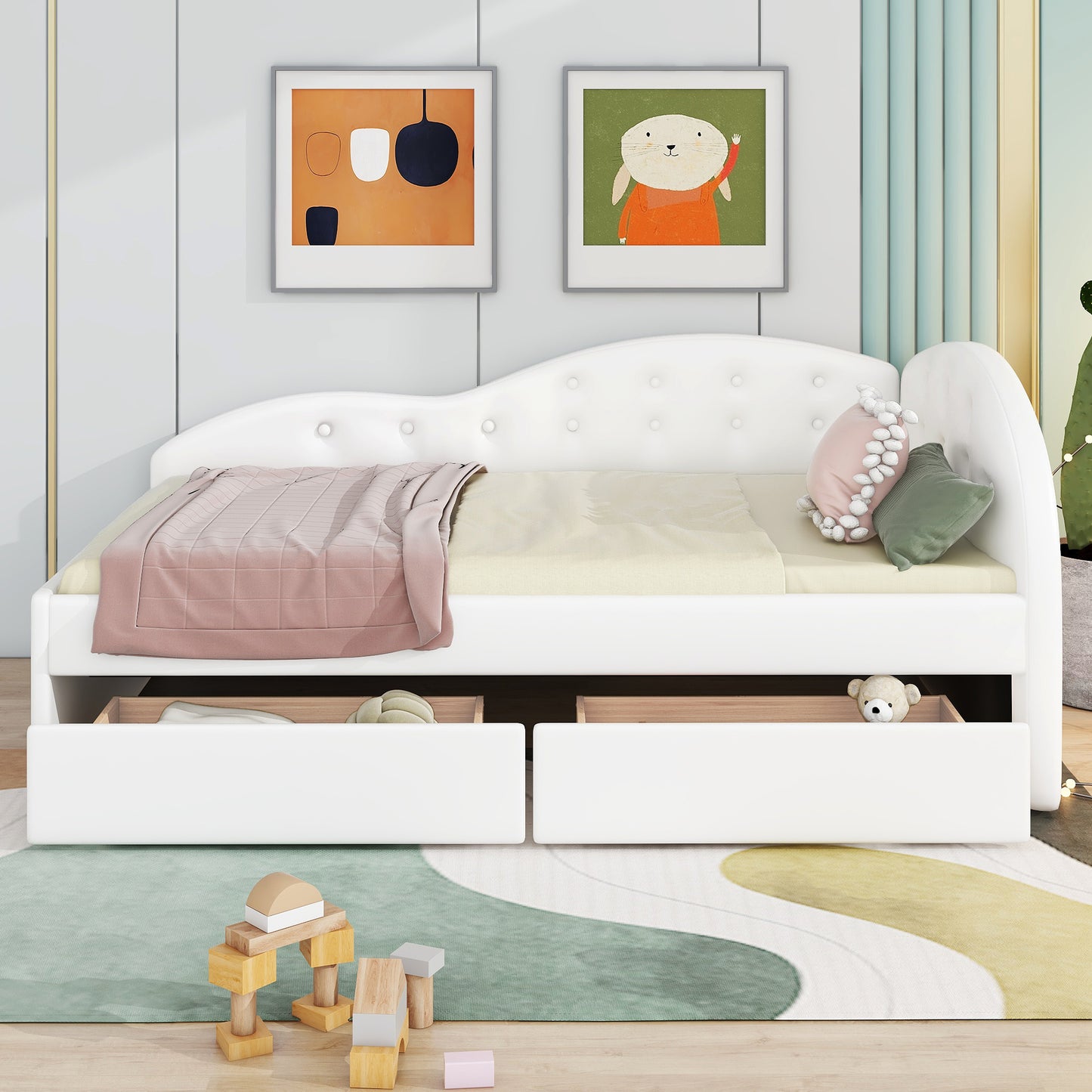 upholstered tufted bed with two drawers and cloud shaped guardrail, white
