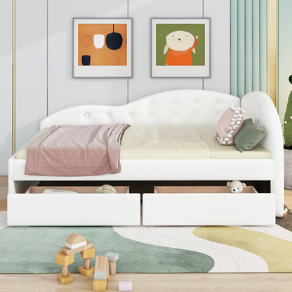 Upholstered Tufted Bed with Two Drawers and Cloud Shaped Guardrail, White