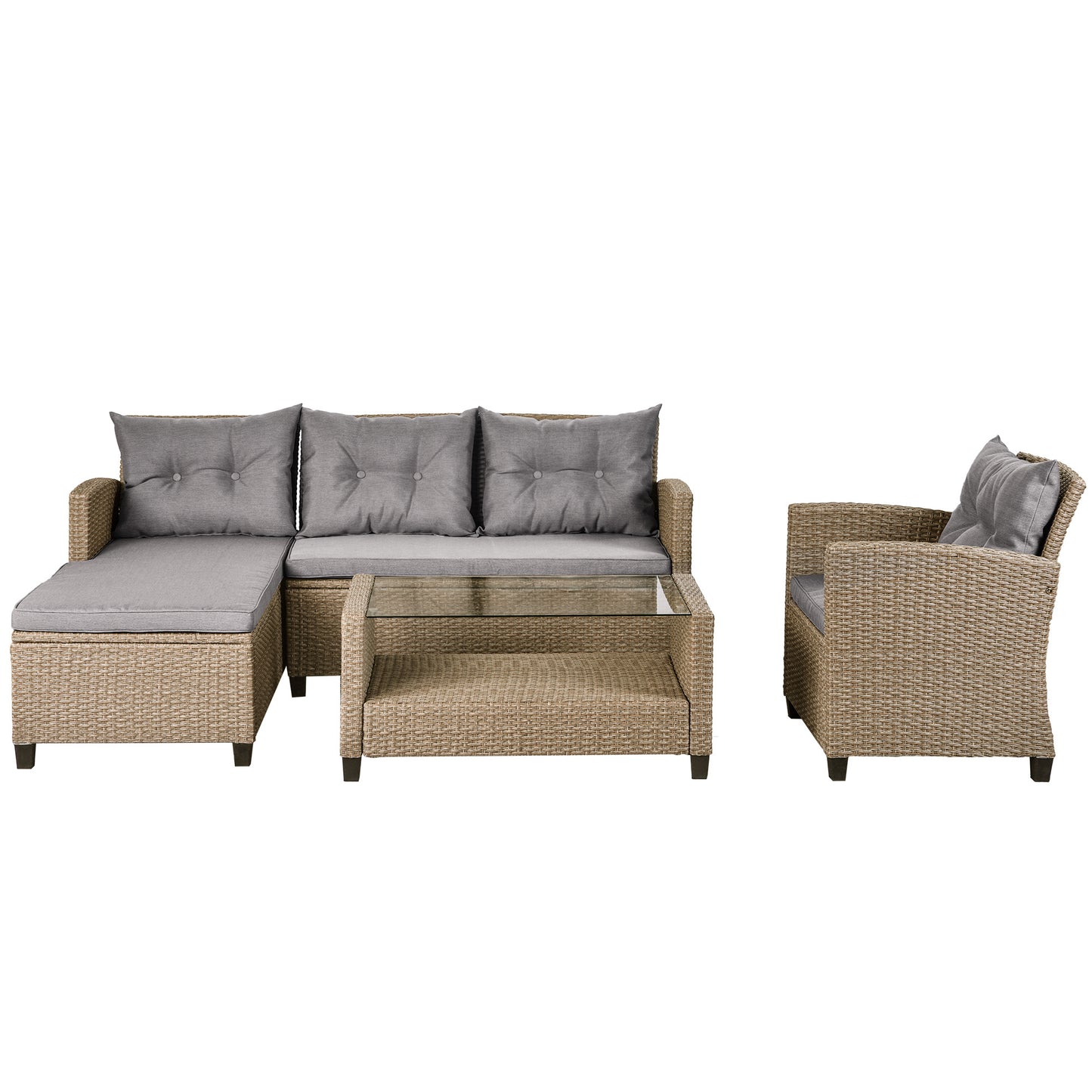 4 piece wicker ratten sectional sofa set with seat cushions, beige brown