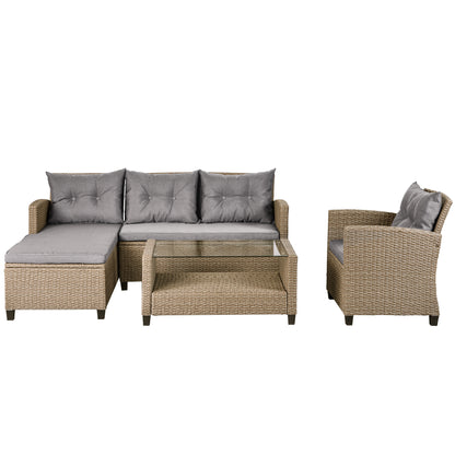 4 Piece Wicker Ratten Sectional Sofa Set with Seat Cushions, Beige Brown