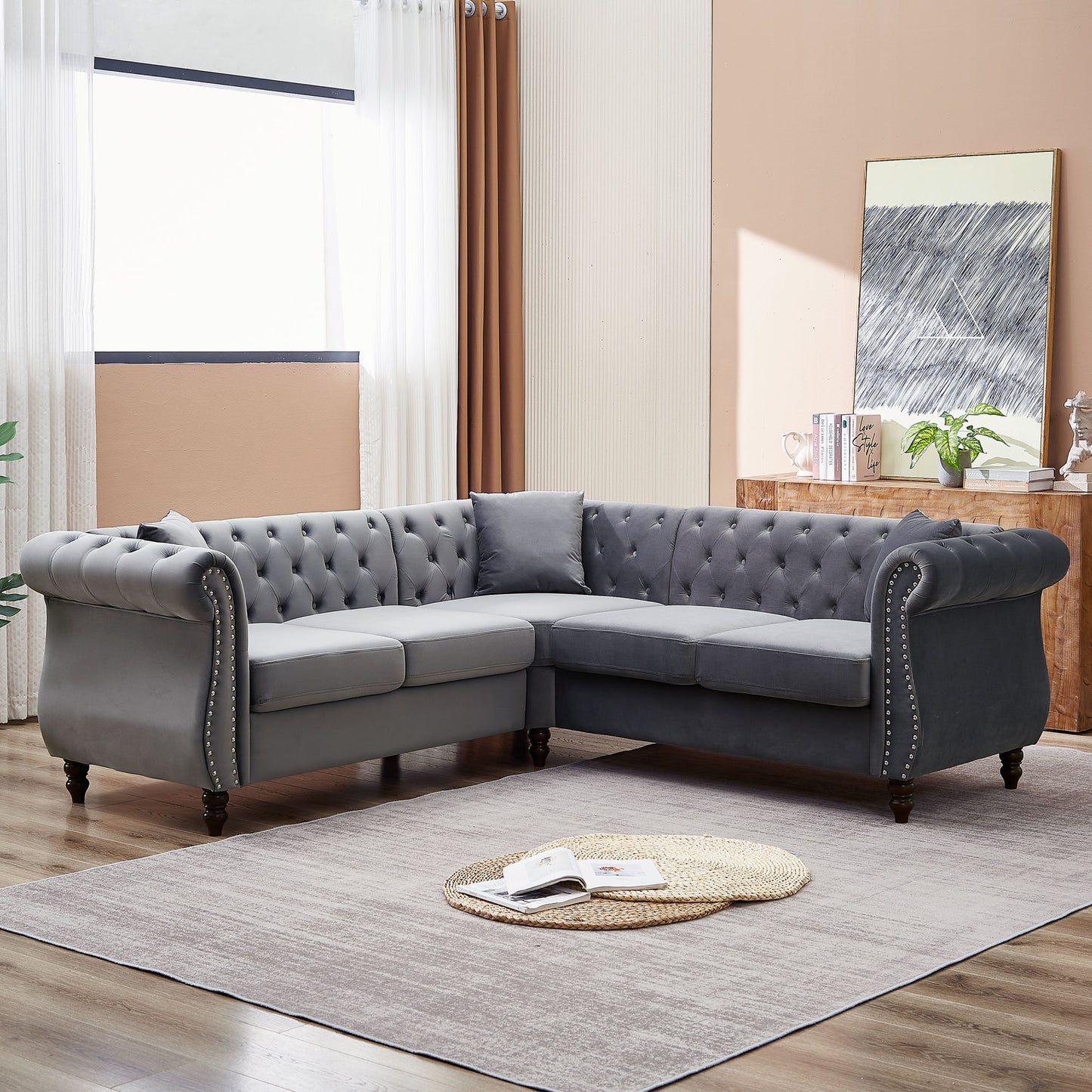5-seater corner sectional with 3 pillows, grey
