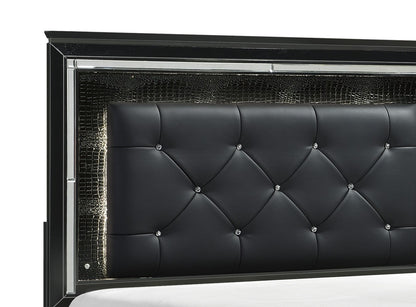 Black Finish Upholstered Button-Tufted Queen Size Bed LED Headboard