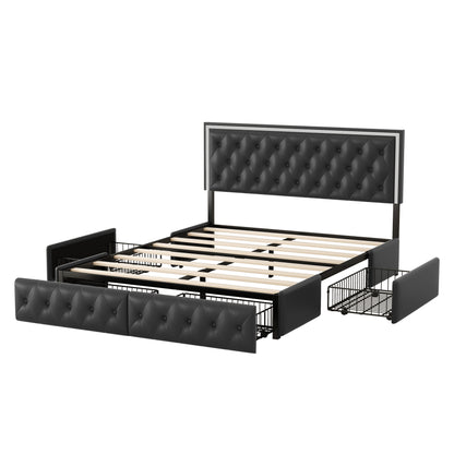 Queen Upholstered PU Leather Platform Bed with LED Headboard, Black