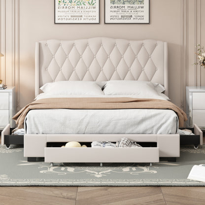 Emily Upholstered Platform Bed with Tufted Headboard and 3 Drawers,Beige