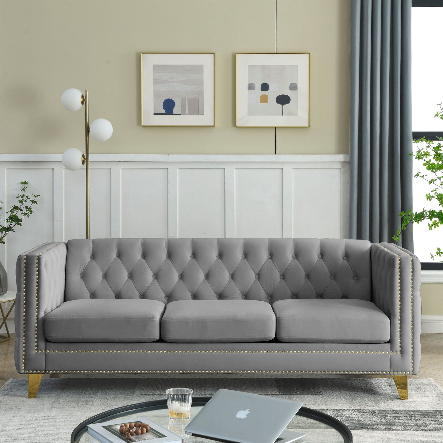 sara velvet sofa, grey velvet