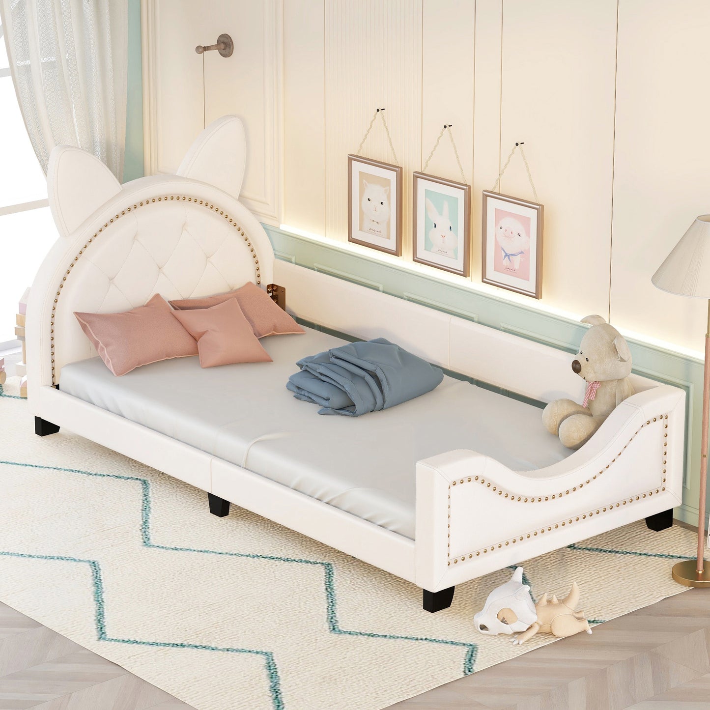 upholstered bed with carton ears shaped headboard, white
