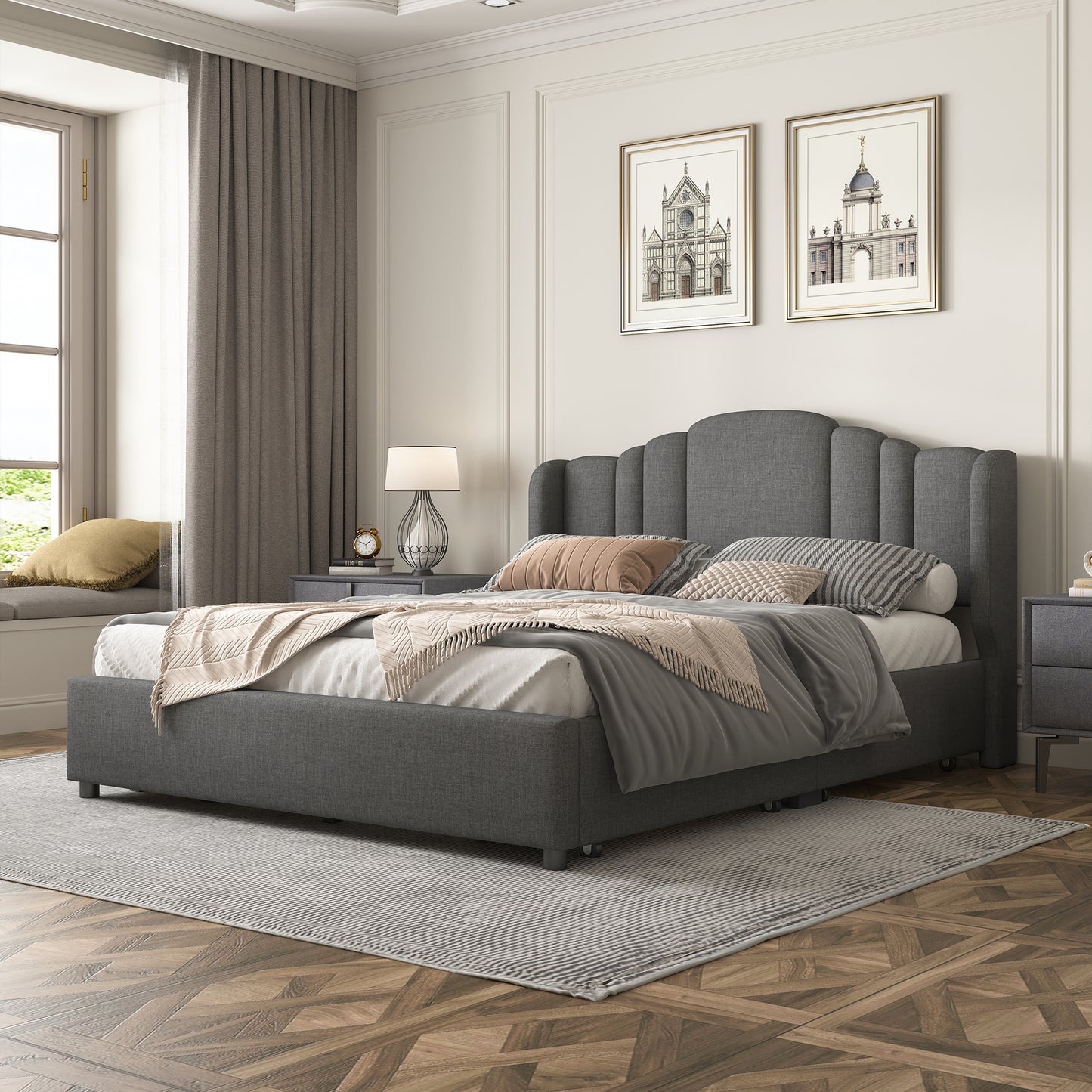 mie upholstered platform bed with wingback headboard and 4 drawers