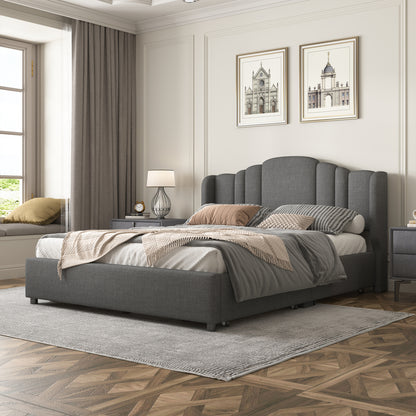 Mie Upholstered Platform Bed with Wingback Headboard and 4 Drawers