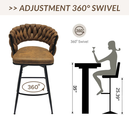 Technical Leather Woven Bar Stool Set of 4, Brown