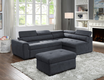 Haris  Dark Gray Fabric Sleeper Sectional with Adjustable Headrest and Storage Ottoman