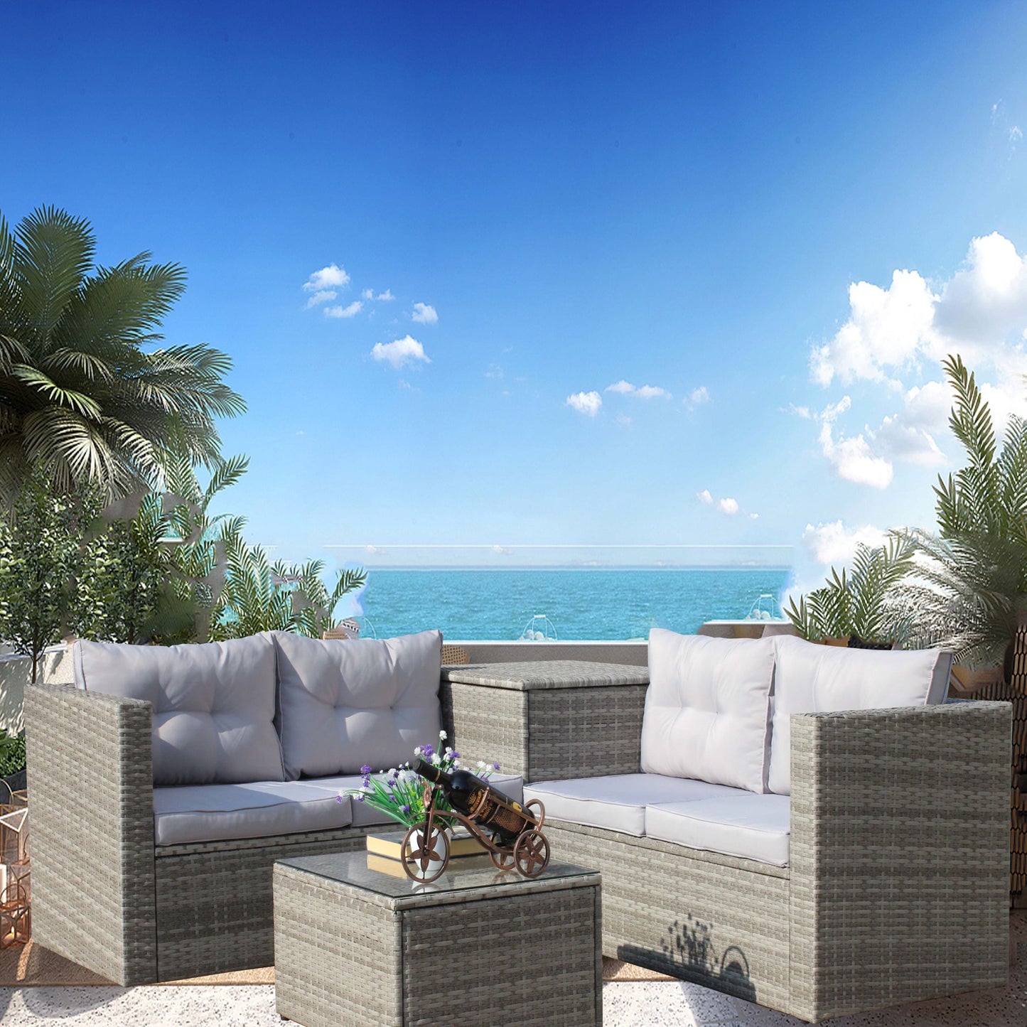 4 piece patio sectional wicker rattan outdoor furniture sofa set with storage box grey