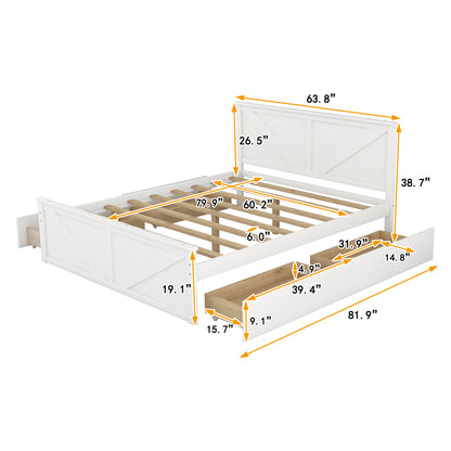 Country Wooden Platform Bed with Four Storage Drawers