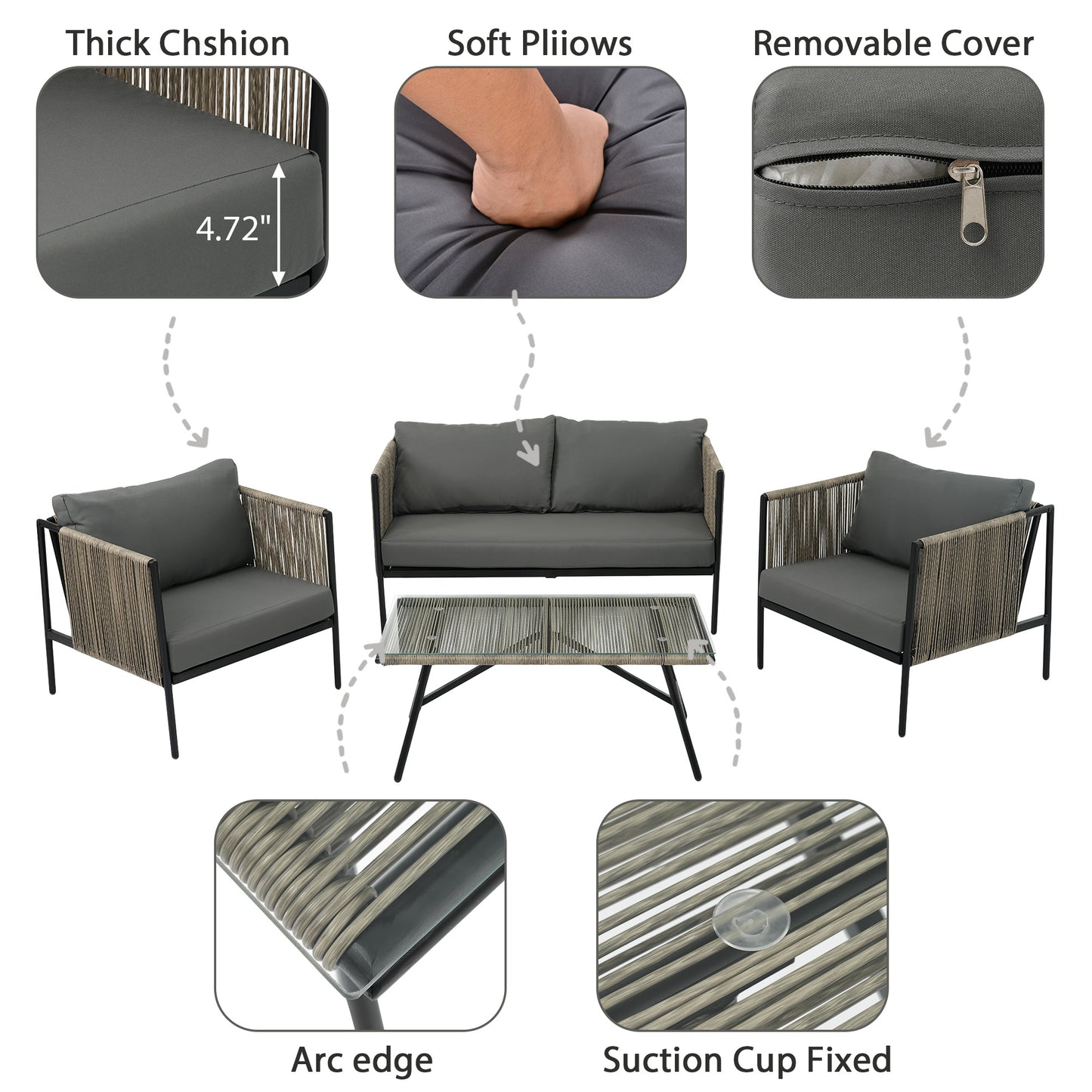 go 4-piece rope sofa set with thick cushions, gray