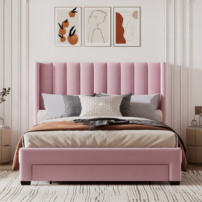 Velvet Upholstered Platform Bed with a Big Drawer