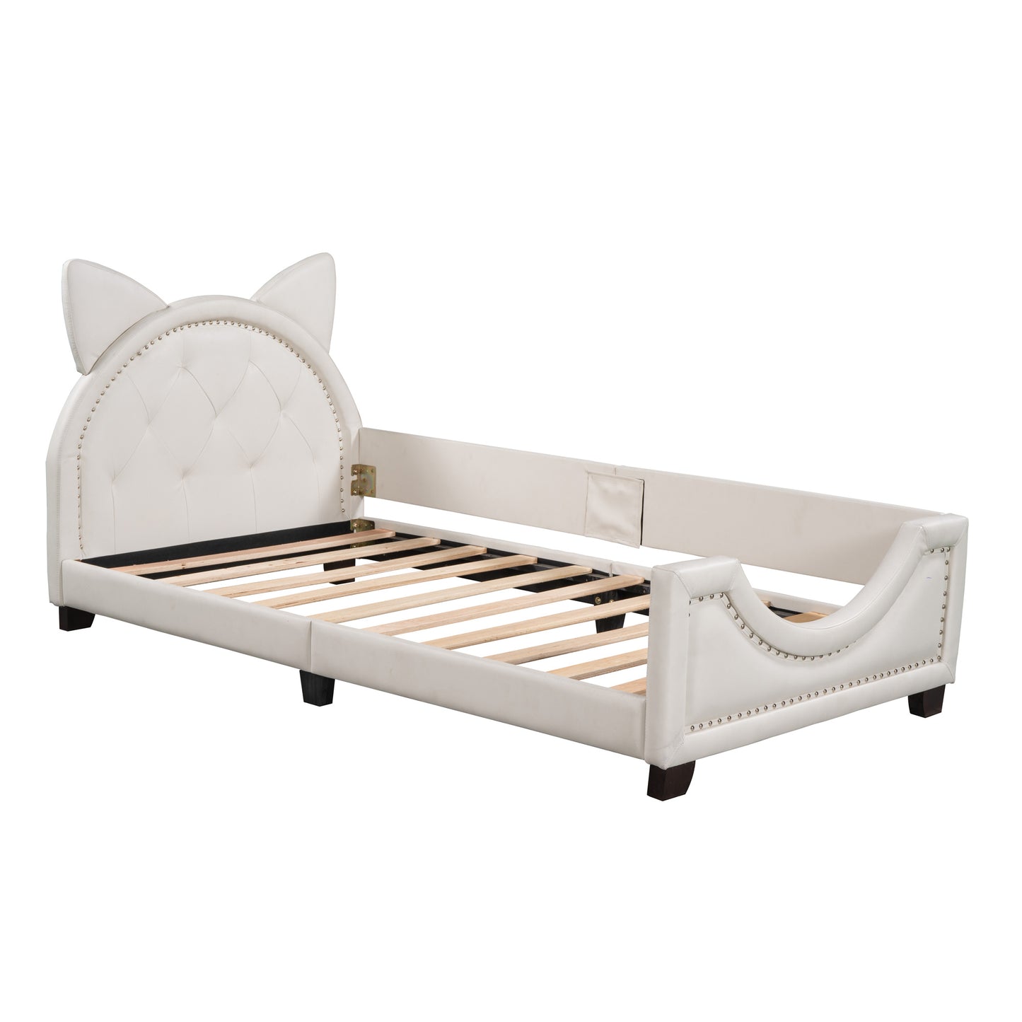 upholstered bed with carton ears shaped headboard, white