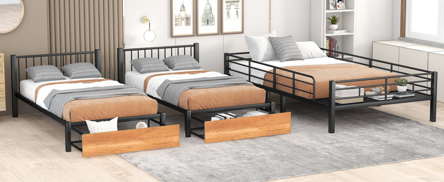 full over twin & twin bunk bed with drawers and guardrails, black