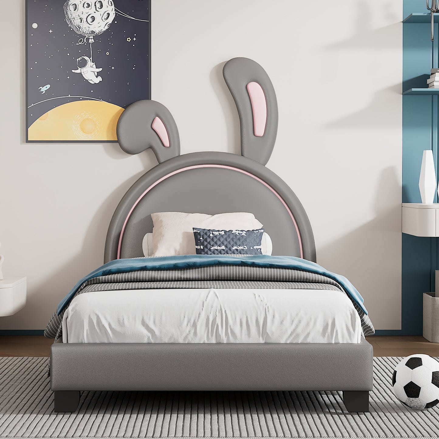 upholstered leather platform bed with rabbit ornament, gray