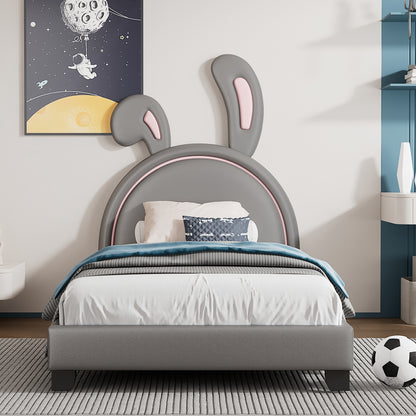 Upholstered Leather Platform Bed with Rabbit Ornament, Gray
