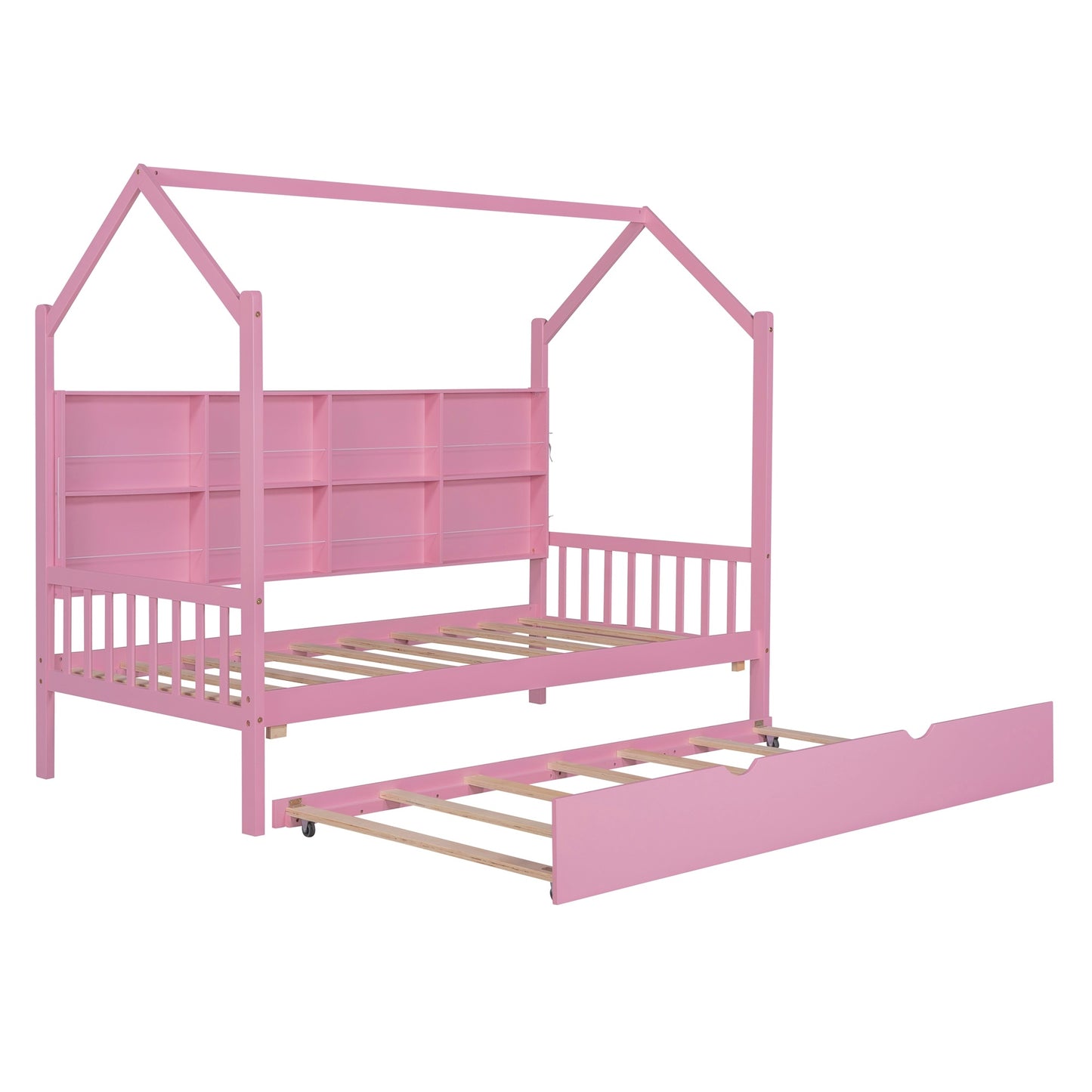 wooden house bed with trundle, pink