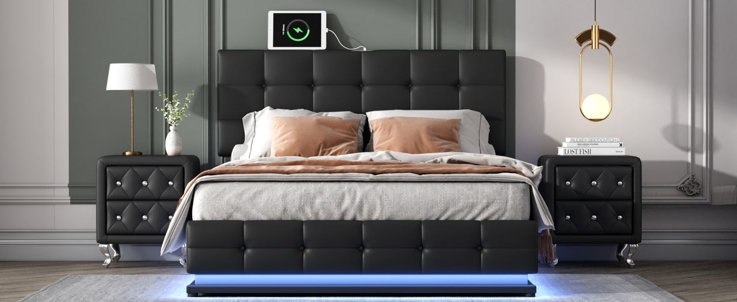 3-pieces upholstered bedroom sets with led lights ,hydraulic storage system, and usb charging station