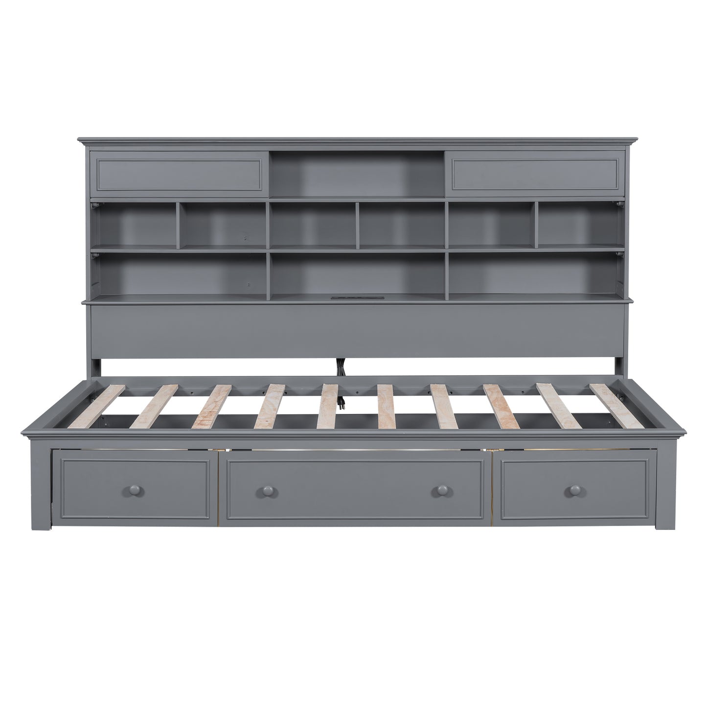 wood bed with multi-storage shelves, charging station and 3 drawers, gray