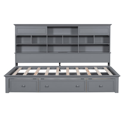 Wood Bed with Multi-Storage Shelves, Charging Station and 3 Drawers, Gray