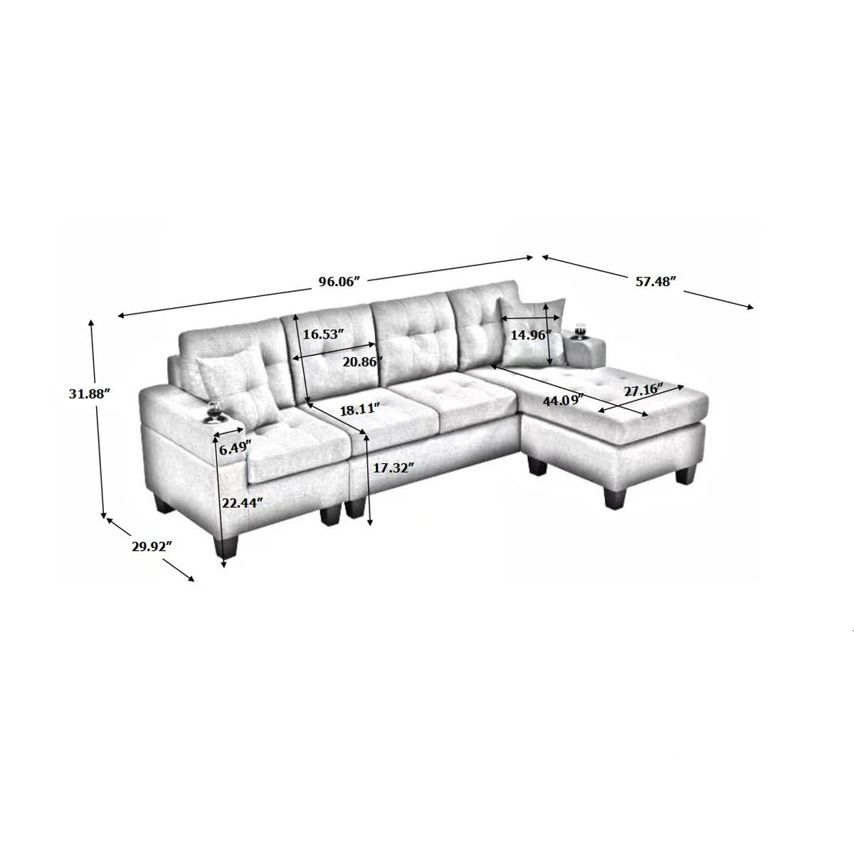 right sectional sofa with footrest, black
