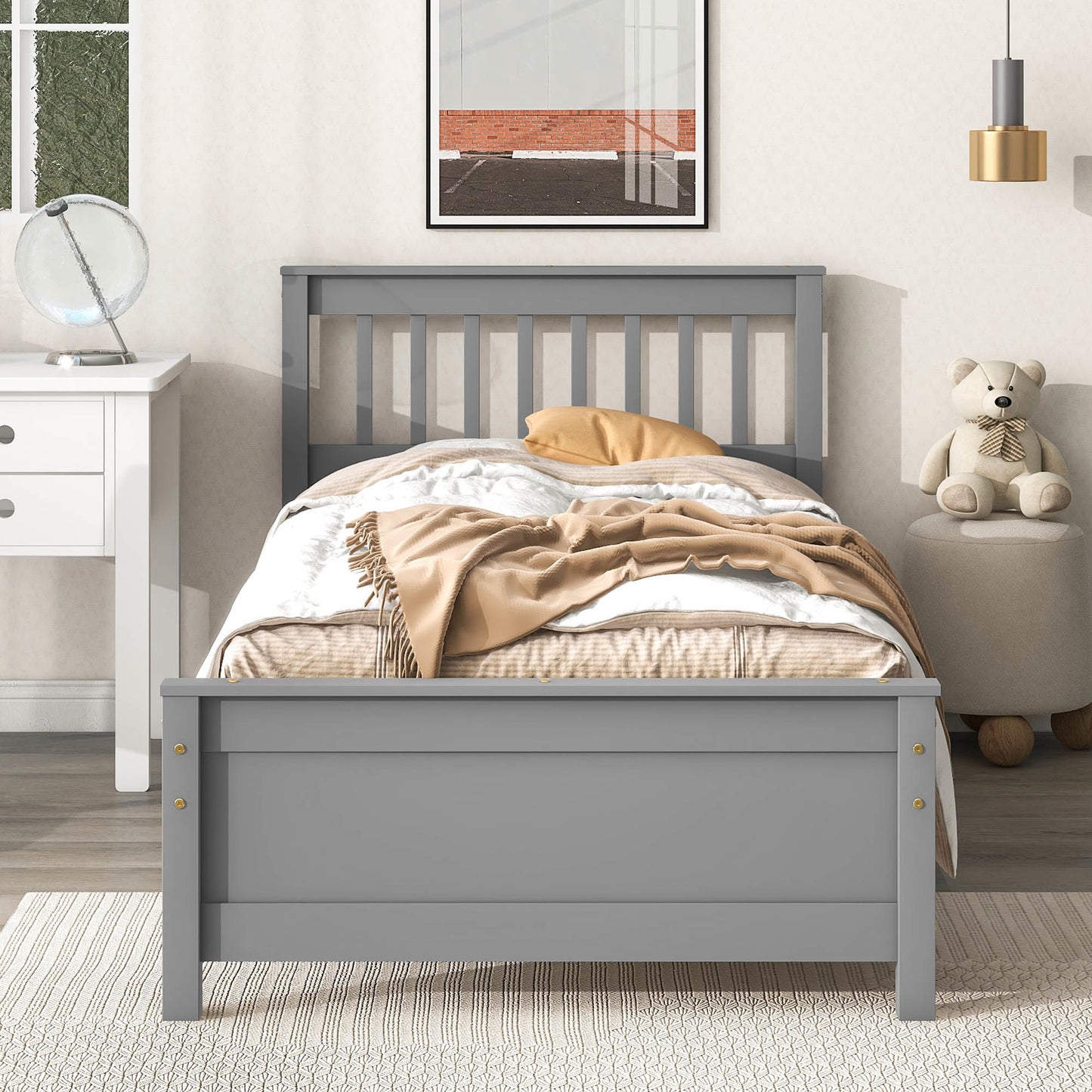 twin bed with headboard & nightstand, grey