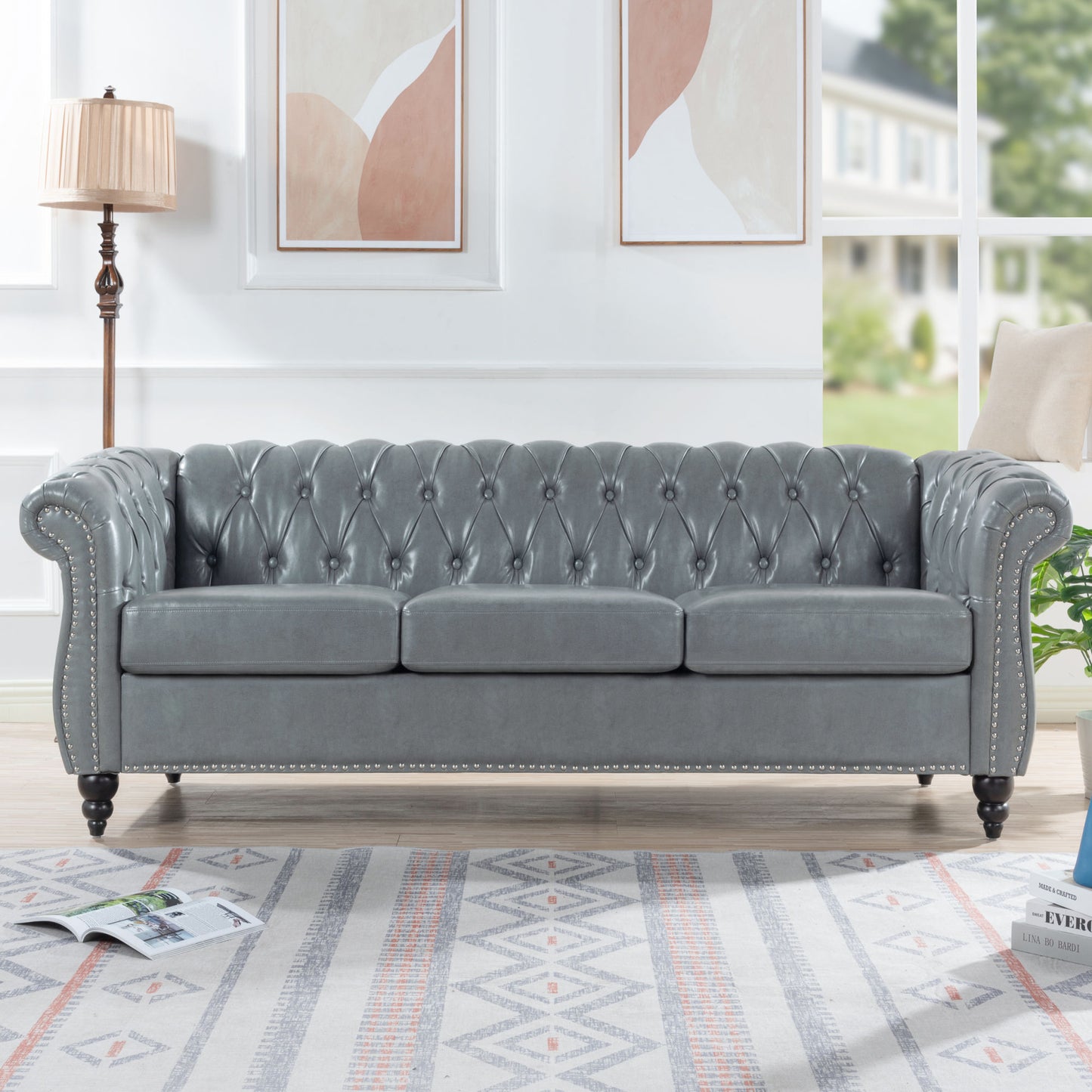 84.65" rolled arm chesterfield 3 seater sofa.