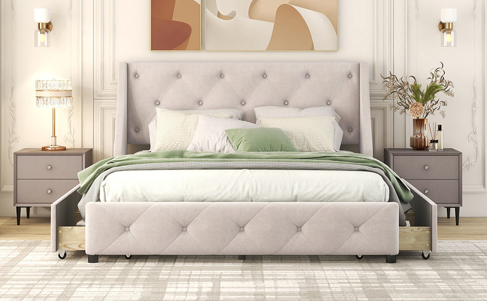 upholstered platform bed with wingback tufted headboard and 4 drawers, beige
