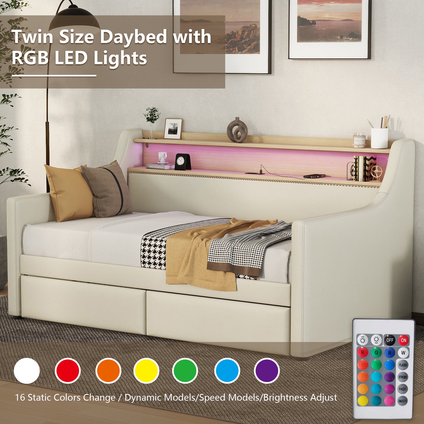 upholstered bed with charging station and led lights, beige