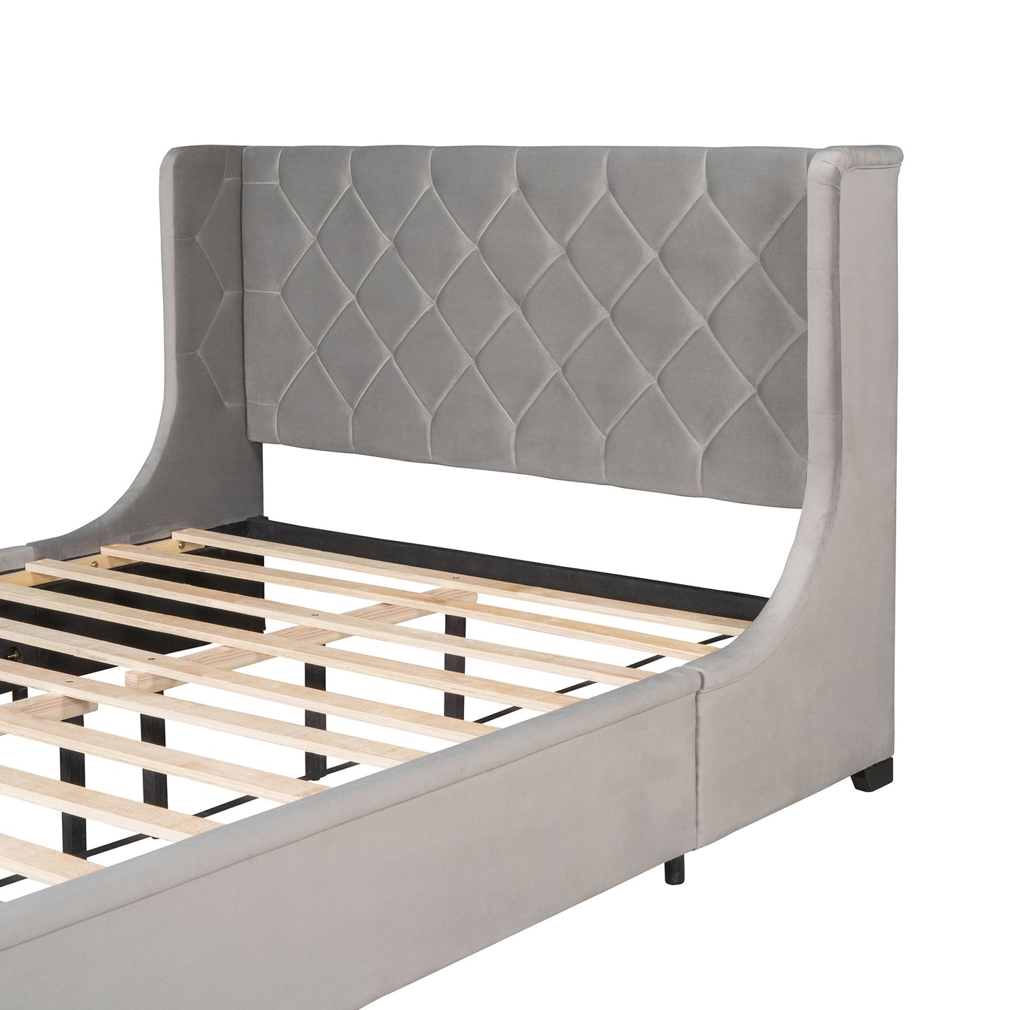 modern velvet upholstered platform bed with wingback headboard and a big drawer