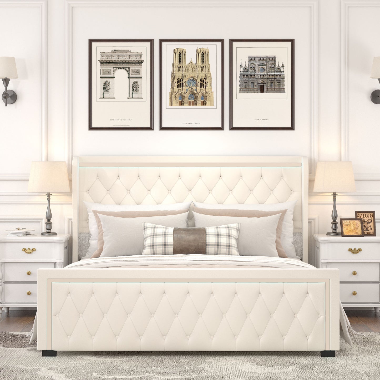 velvet upholstered bed with deep tufted buttons & adjustable colorful led light, beige