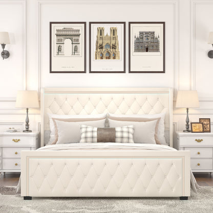 Velvet Upholstered Bed with Deep Tufted Buttons & Adjustable Colorful LED Light, Beige