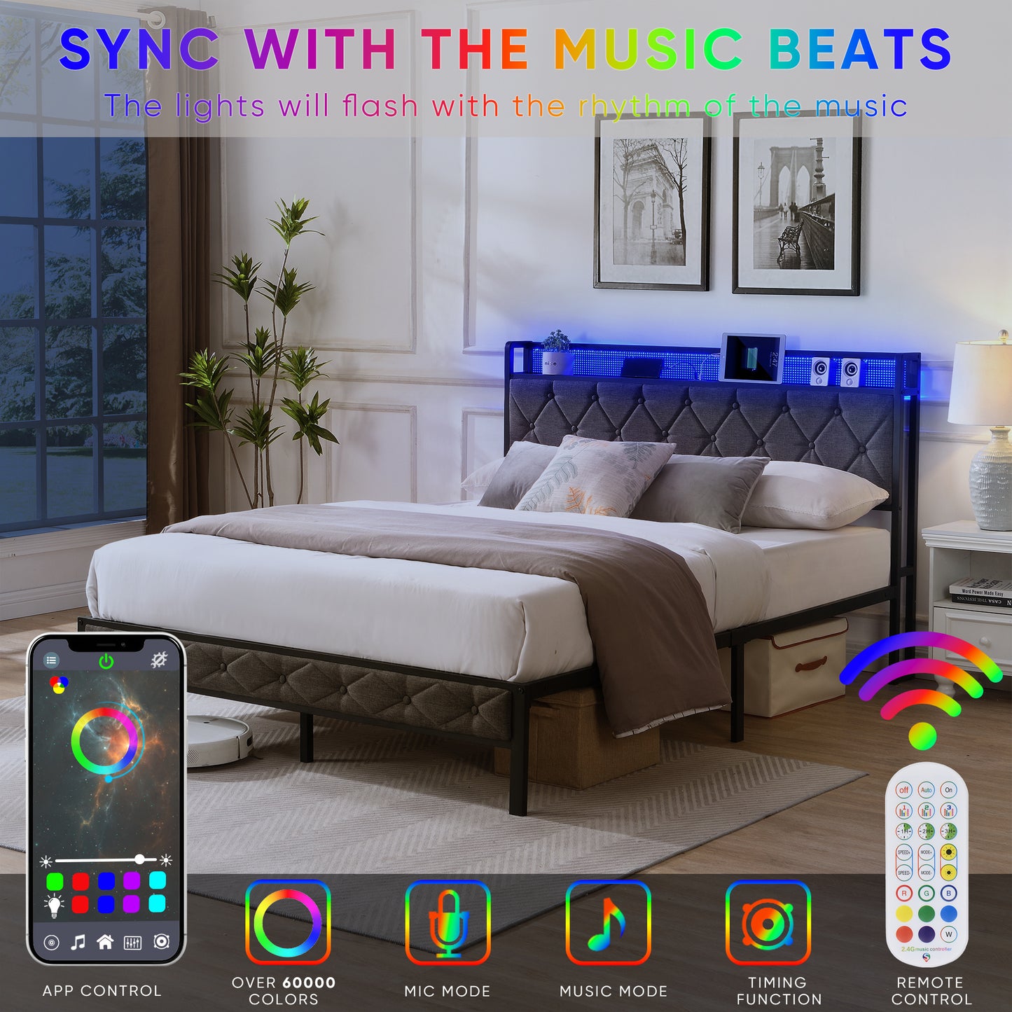 queen bed frame with storage headboard, charging station and led lights,dark gray