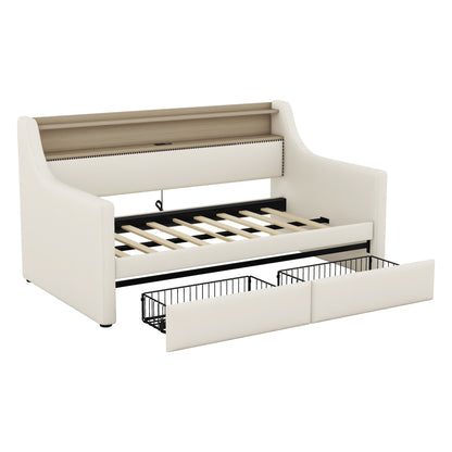 Upholstered Bed with Charging Station and LED Lights, Beige