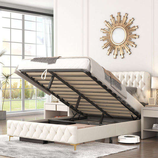 Velvet Upholstered Bed with Deep Tufted Buttons & pneumatic hydraulic function, Beige