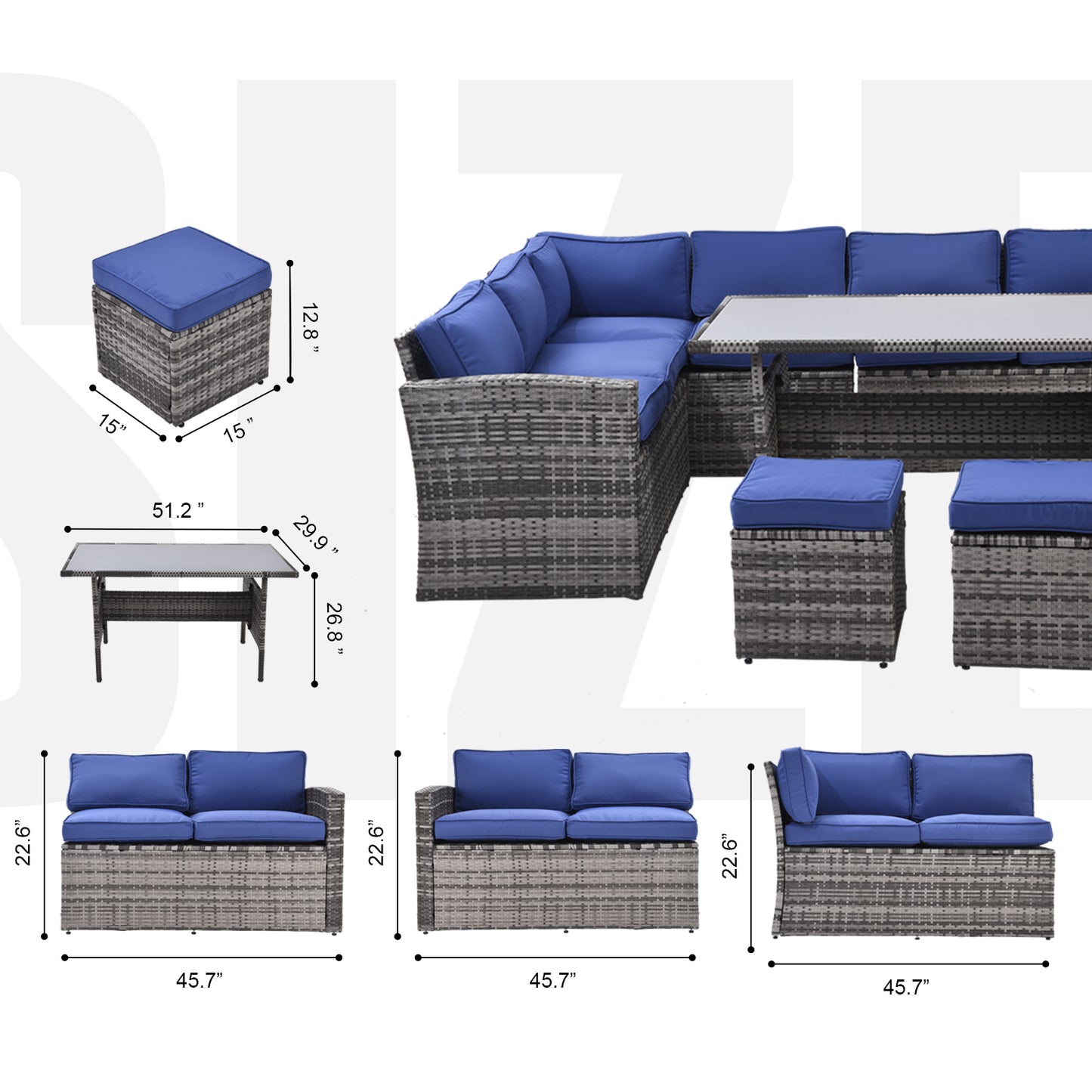 7 pieces outdoor sectional conversation sofa with dining table, chairs and ottomans, grey+blue